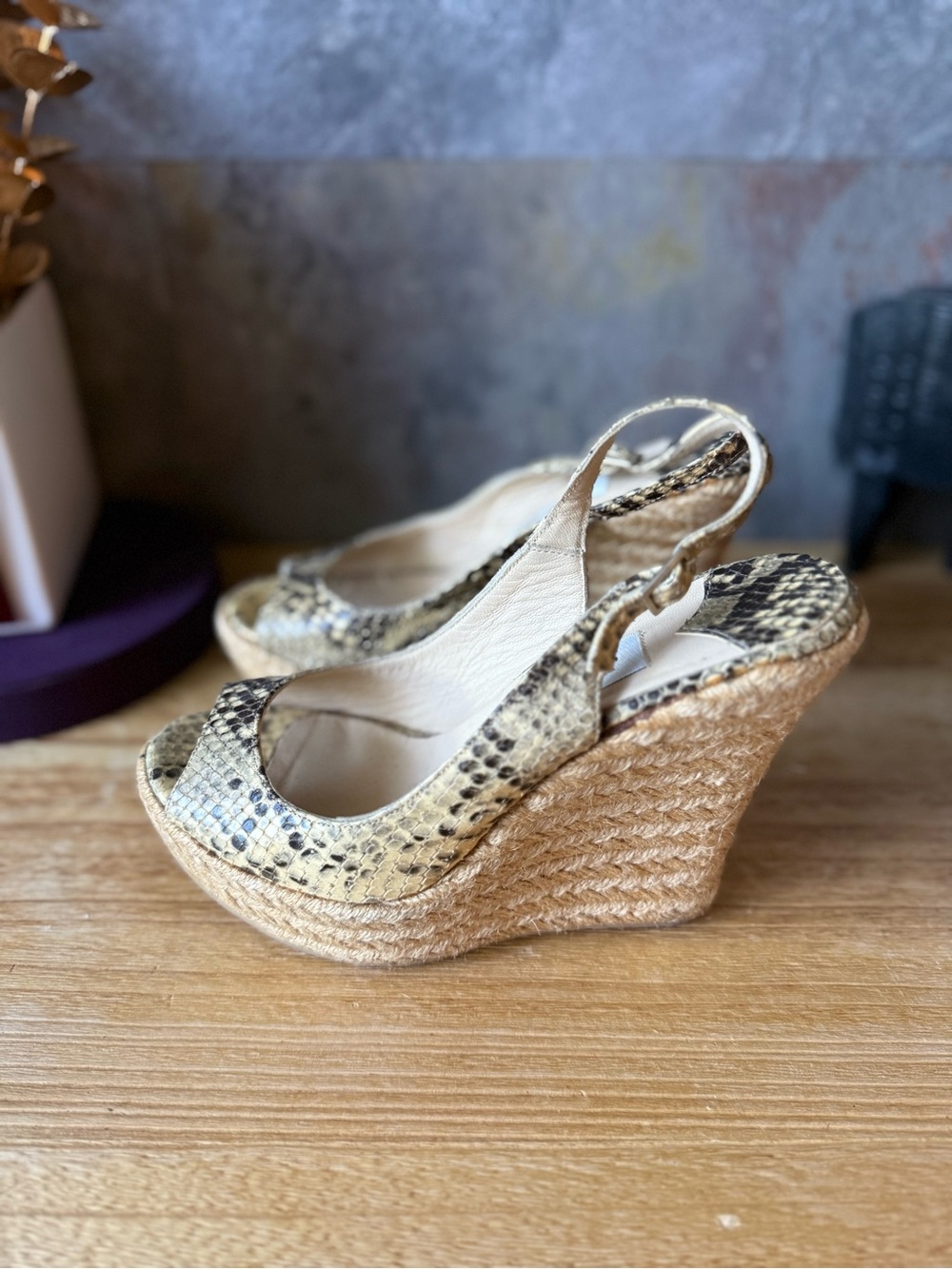 Jimmy Choo Beige Snake-Print Espadrille Wedge Slingbacks